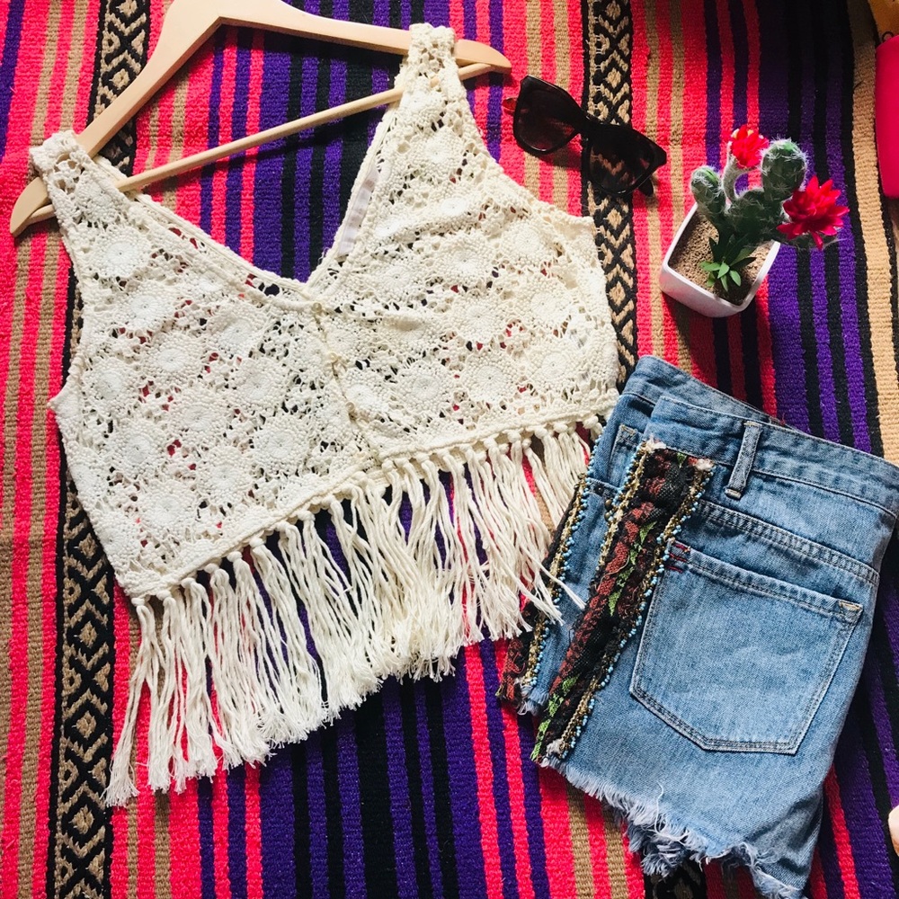 Zara Woven Crocheted Fringe Vest/Top Cream Size L - Picture 7 of 8